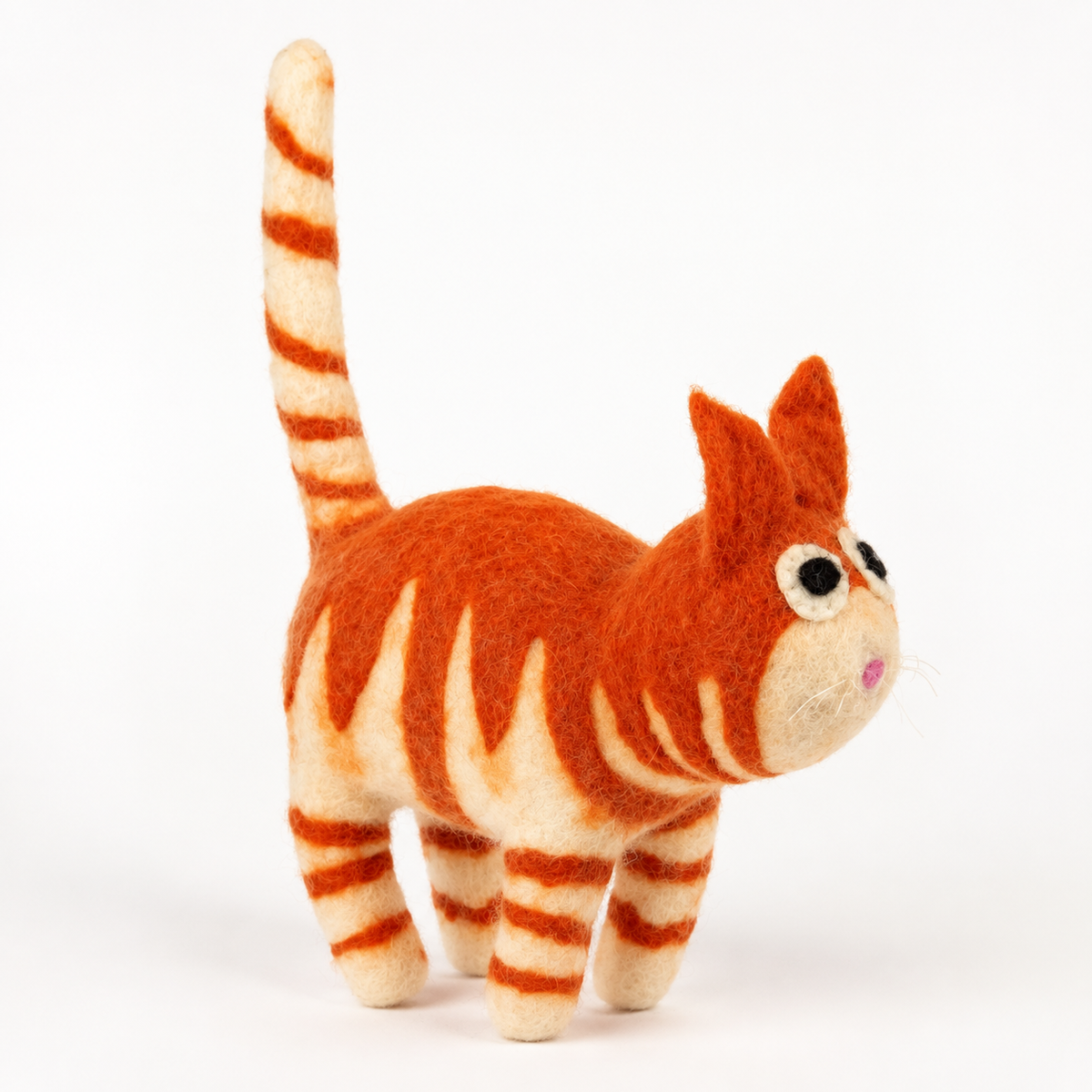 Orange Tabby Felt Cat Figurine – Whimsical Striped Cat Décor