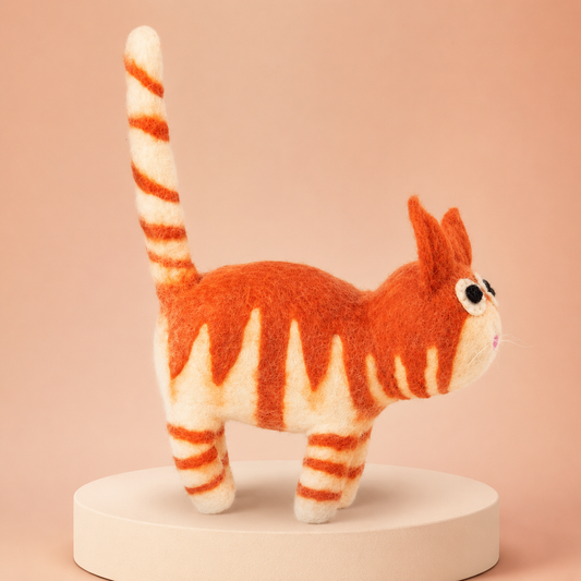 Orange Tabby Felt Cat Figurine – Whimsical Striped Cat Décor