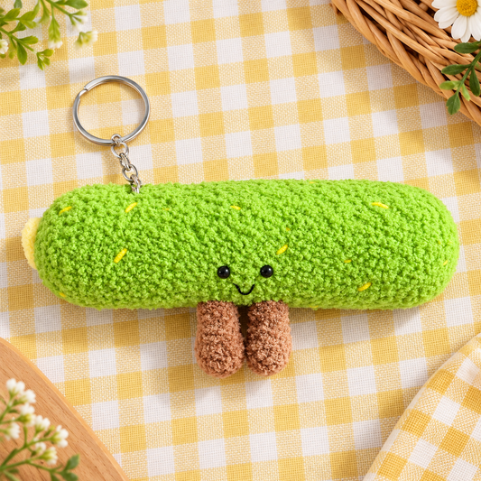 Cute Green Pickle Plush Keychain – Fuzzy Kawaii Bag Charm with Smiling Face and Dangling Legs
