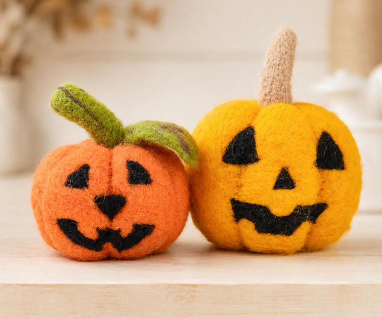 Halloween Decorations 2-Piece Soft Felt Jack-O'-Lantern Pumpkin Set - Light, Dark Orange Home Decor Statue Figurine