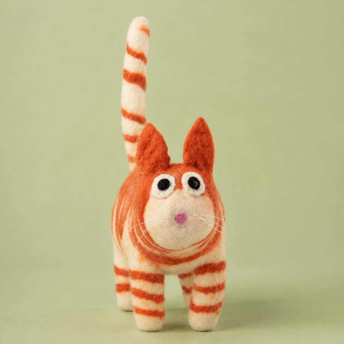 Orange Tabby Felt Cat Figurine – Whimsical Striped Cat Décor