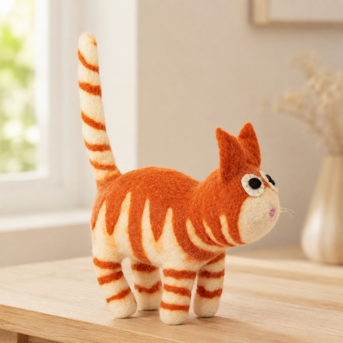 Orange Tabby Felt Cat Figurine – Whimsical Striped Cat Décor