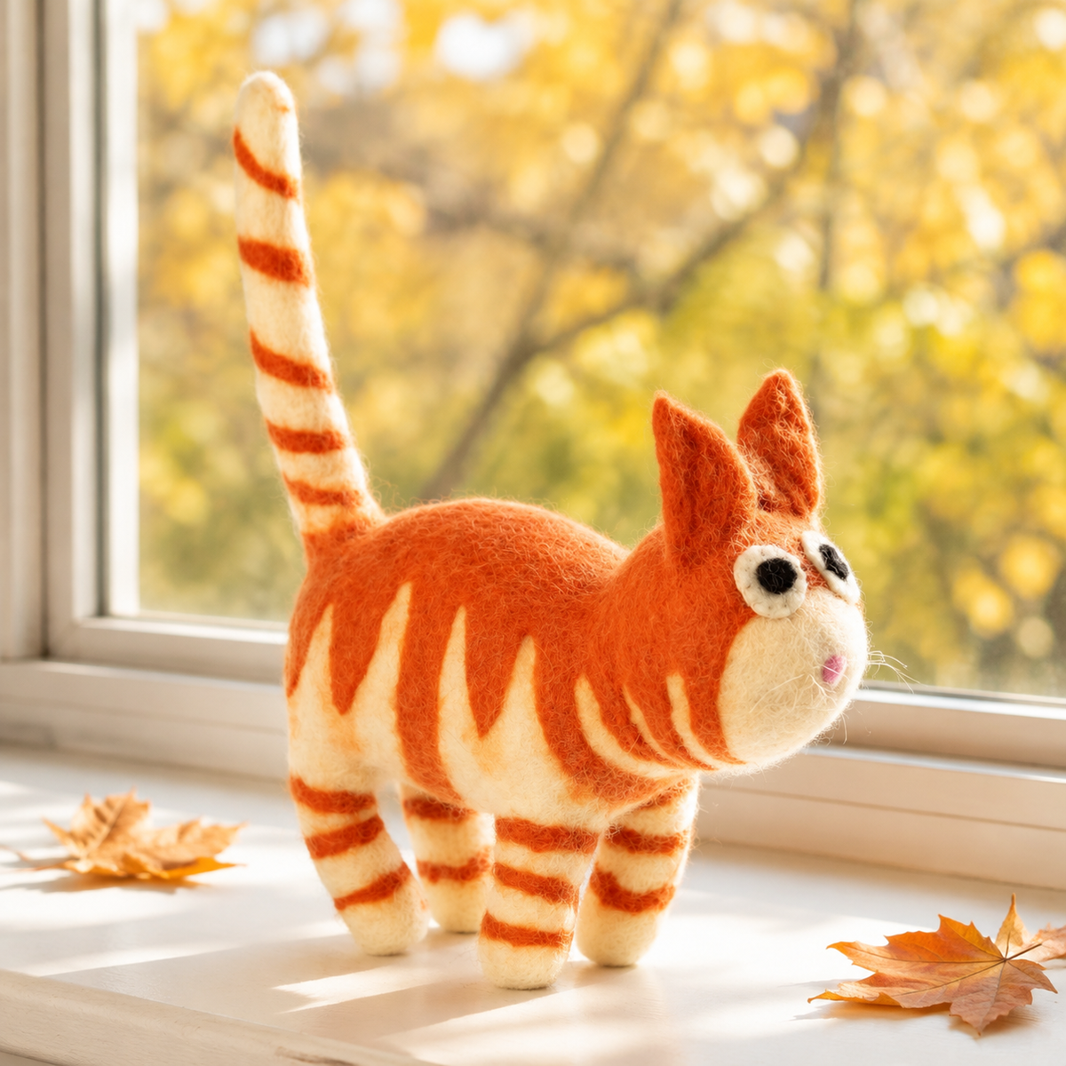 Orange Tabby Felt Cat Figurine – Whimsical Striped Cat Décor