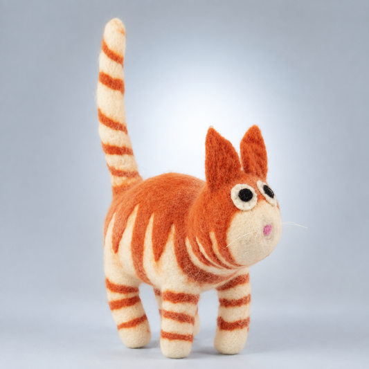 Orange Tabby Felt Cat Figurine – Whimsical Striped Cat Décor