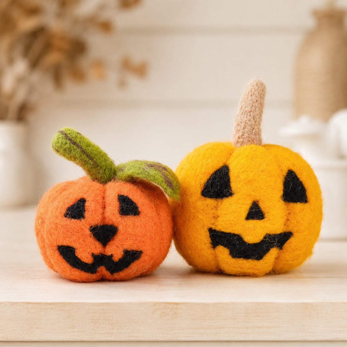 2-Piece Felt Jack-O’-Lantern Pumpkin Set – Light & Dark Orange Halloween Decor