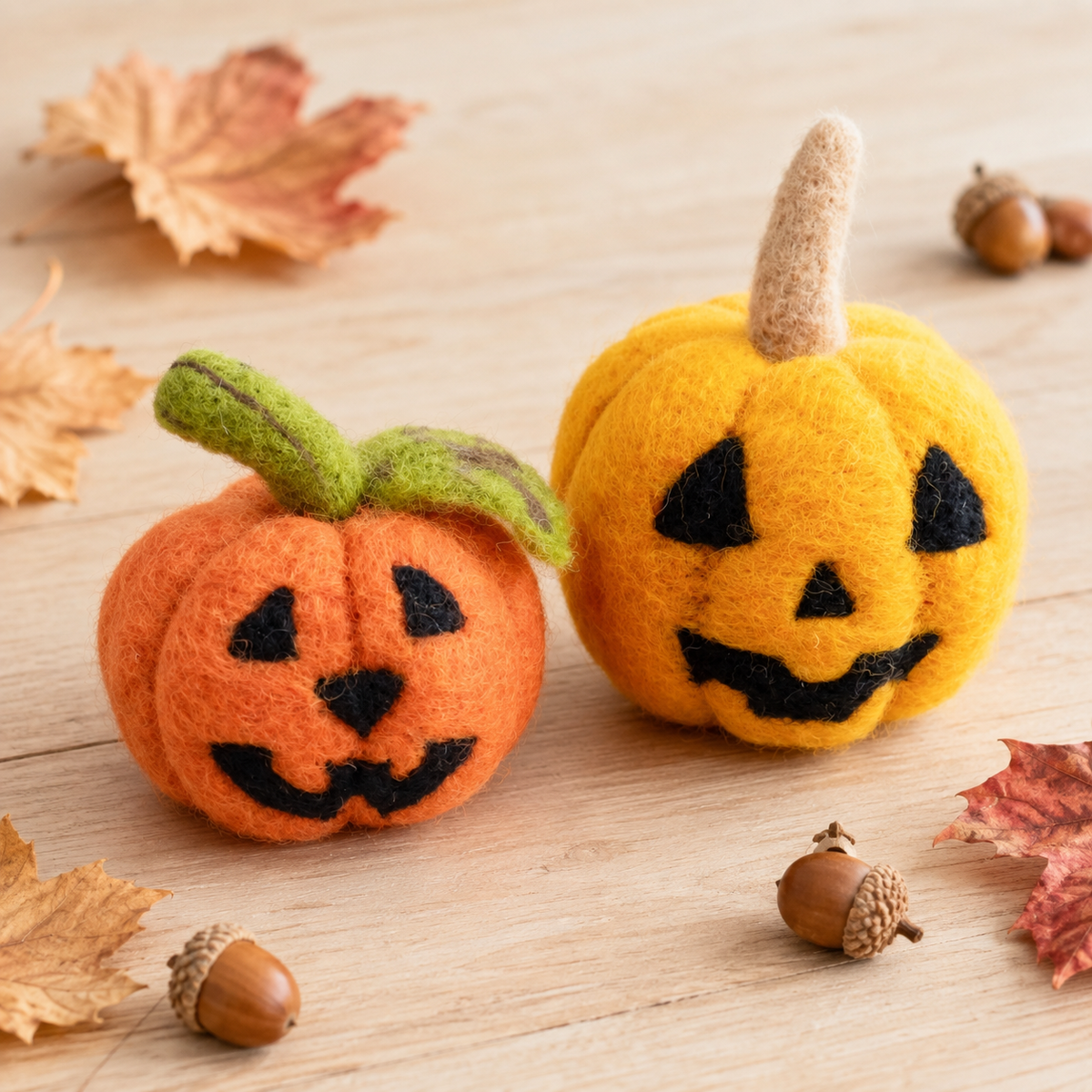 2-Piece Felt Jack-O’-Lantern Pumpkin Set – Light & Dark Orange Halloween Decor
