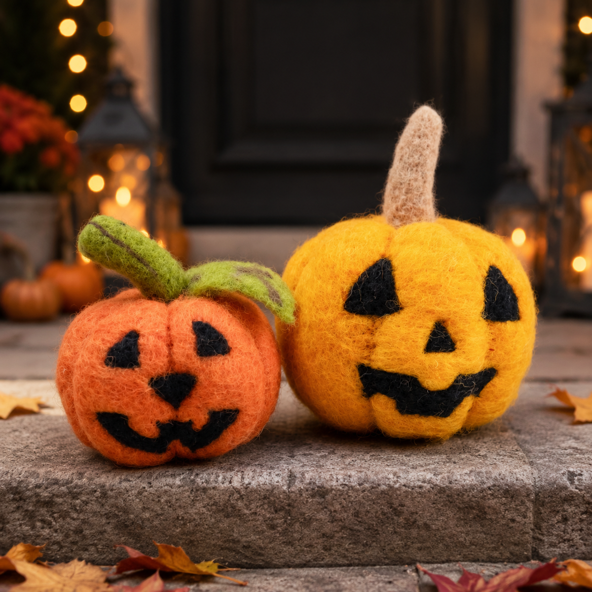 2-Piece Felt Jack-O’-Lantern Pumpkin Set – Light & Dark Orange Halloween Decor