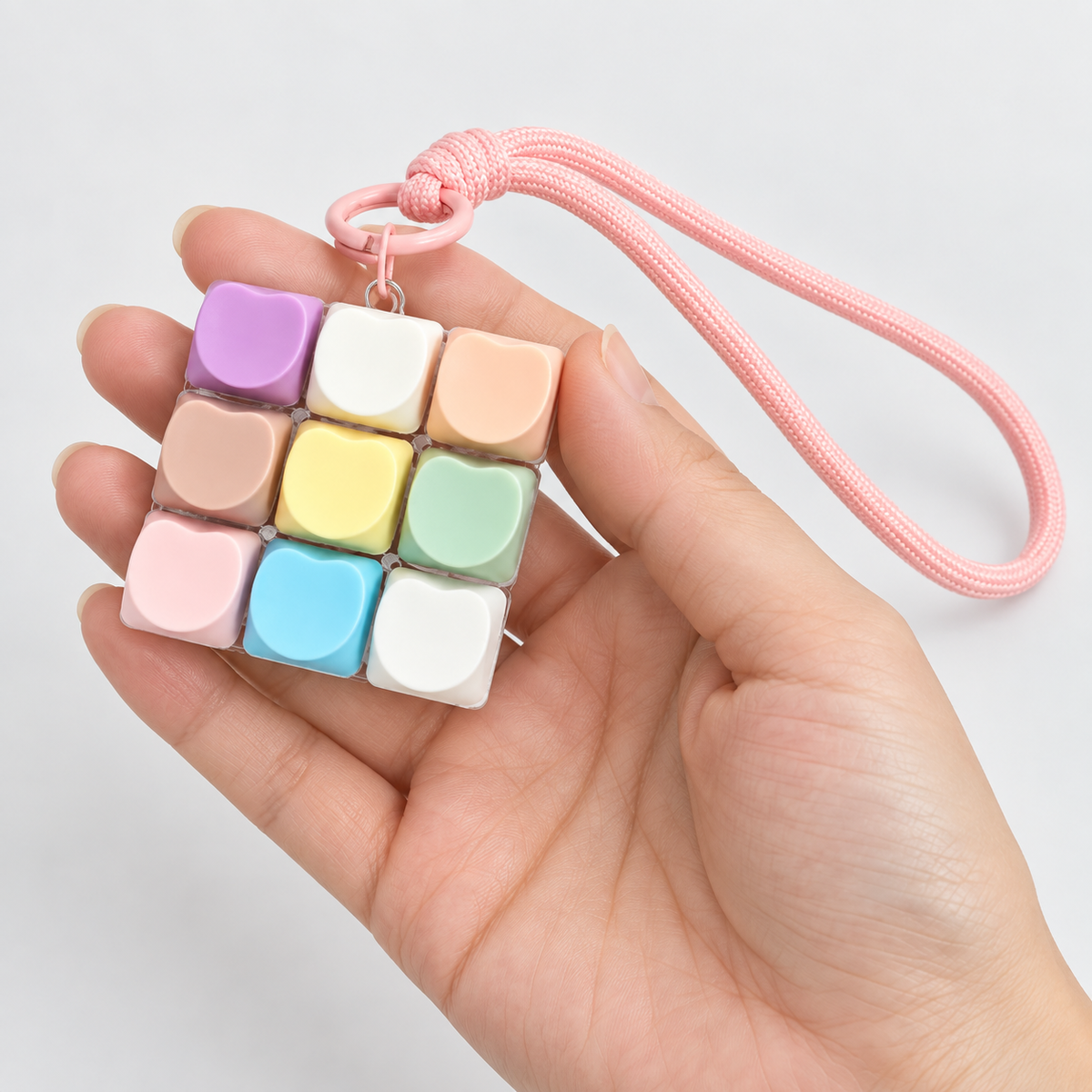 Pastel Heart Keyboard Keychain with Pink Wrist Strap – Mini Fidget Bag Charm