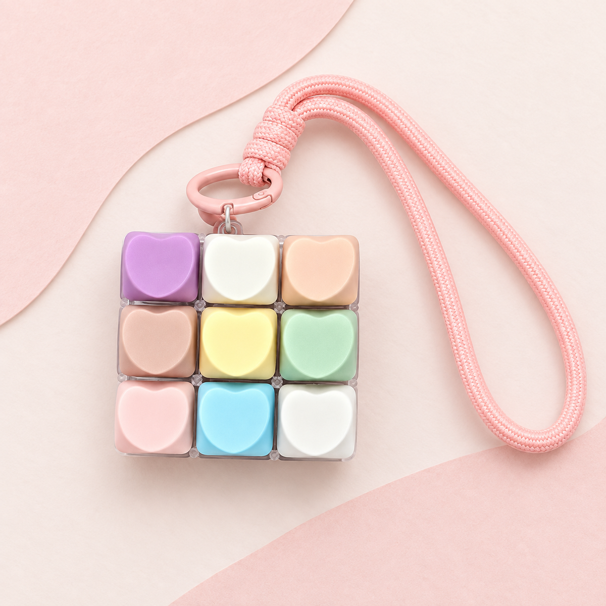 Pastel Heart Keyboard Keychain with Pink Wrist Strap – Mini Fidget Bag Charm