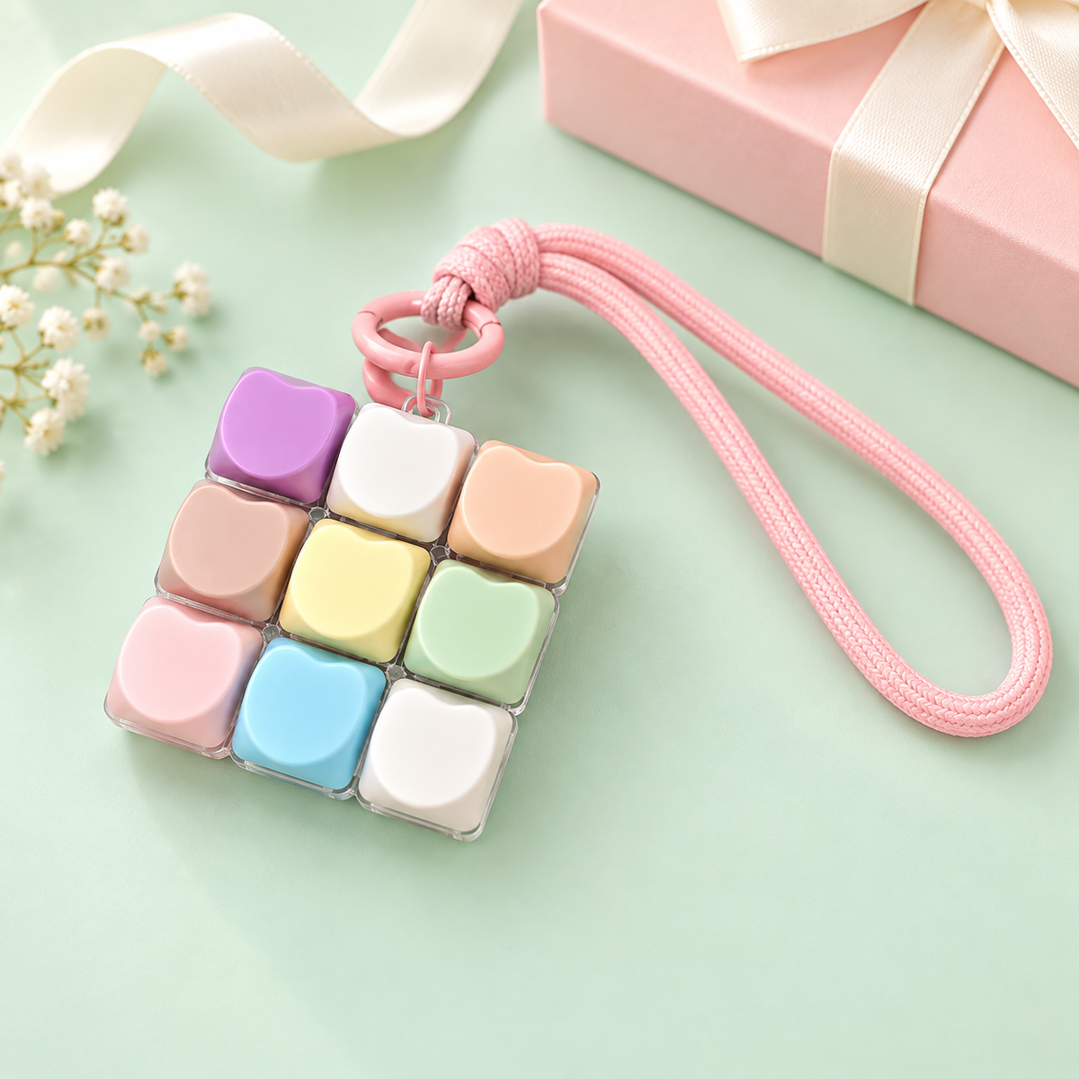 Pastel Heart Keyboard Keychain with Pink Wrist Strap – Mini Fidget Bag Charm
