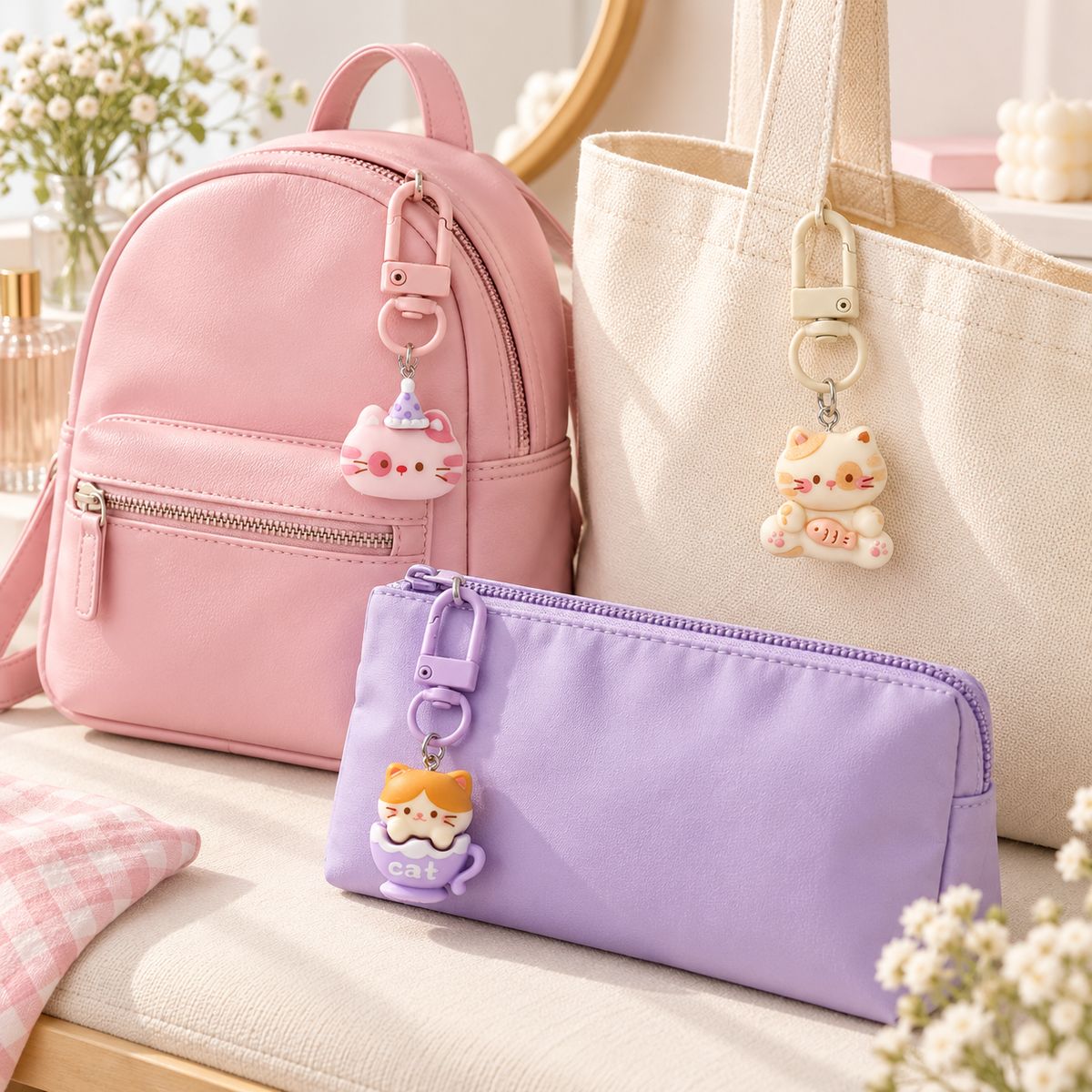 Kawaii Cat Bag Charm Keychain – Cute Kitty Purse, Backpack and Key Accessory