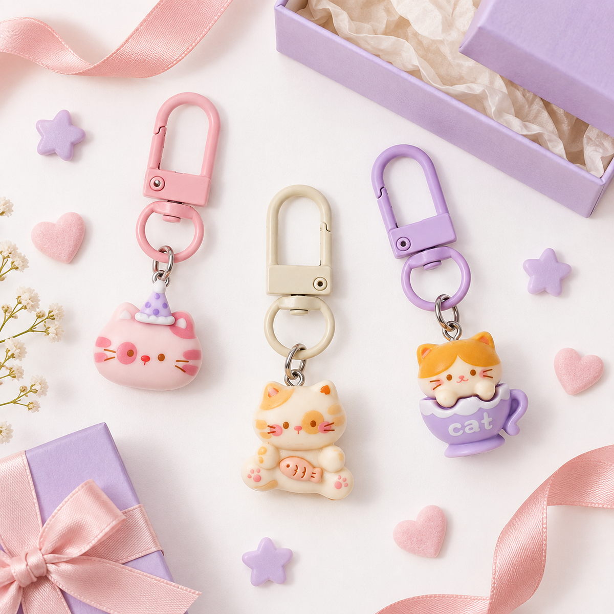 Kawaii Cat Bag Charm Keychain – Cute Kitty Purse, Backpack and Key Accessory