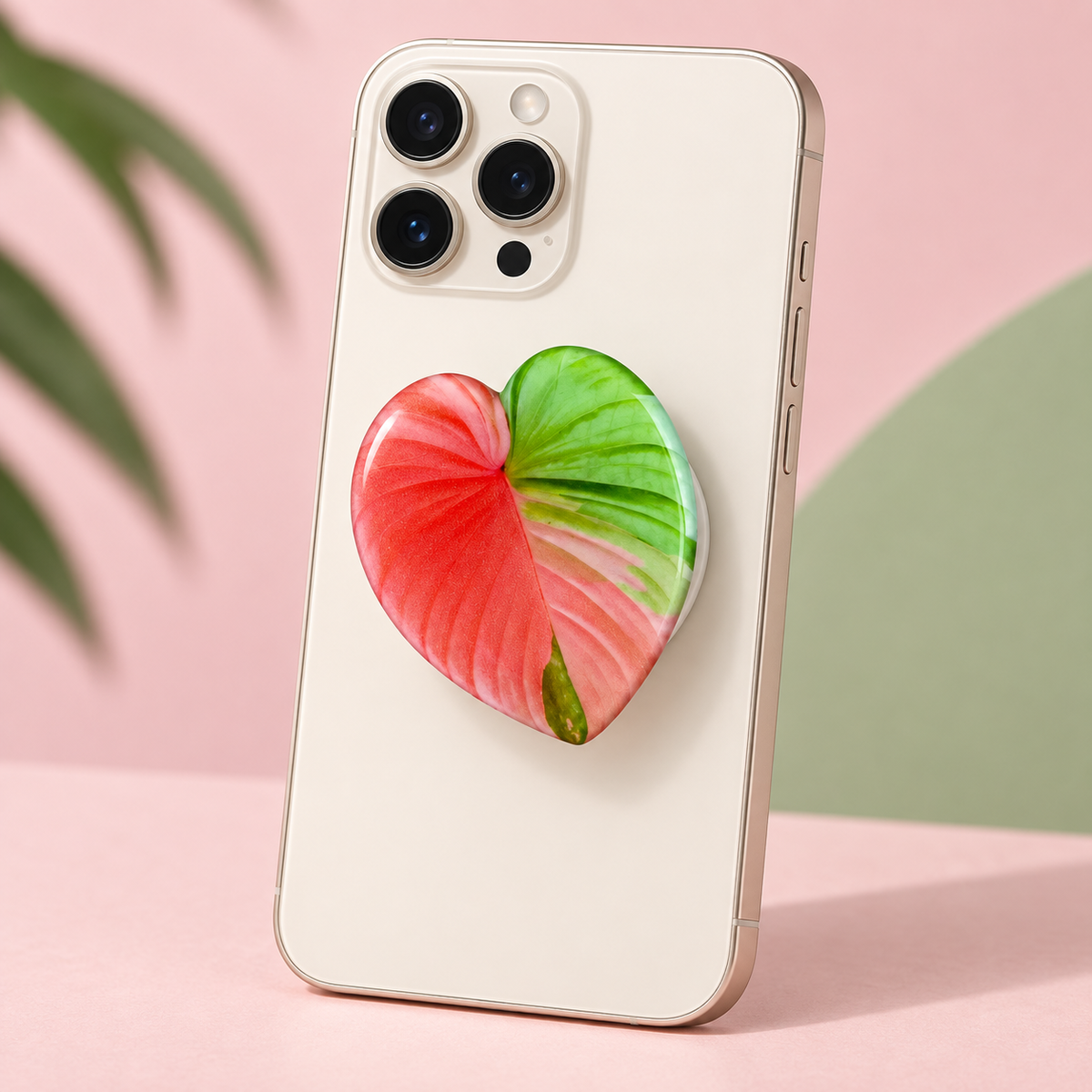 Tropical Leaf Heart Phone Grip – Colorful Botanical Phone Holder