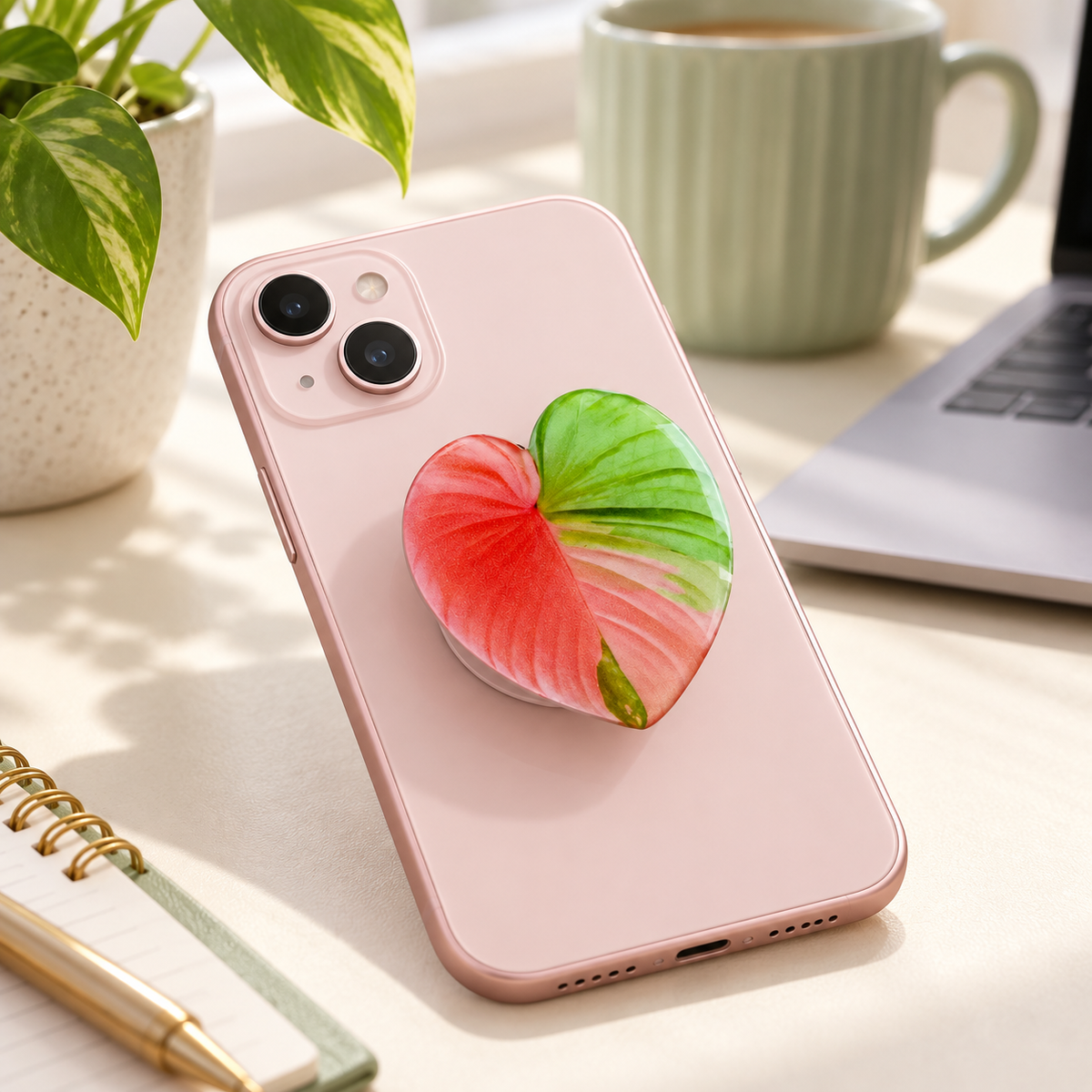 Tropical Leaf Heart Phone Grip – Colorful Botanical Phone Holder