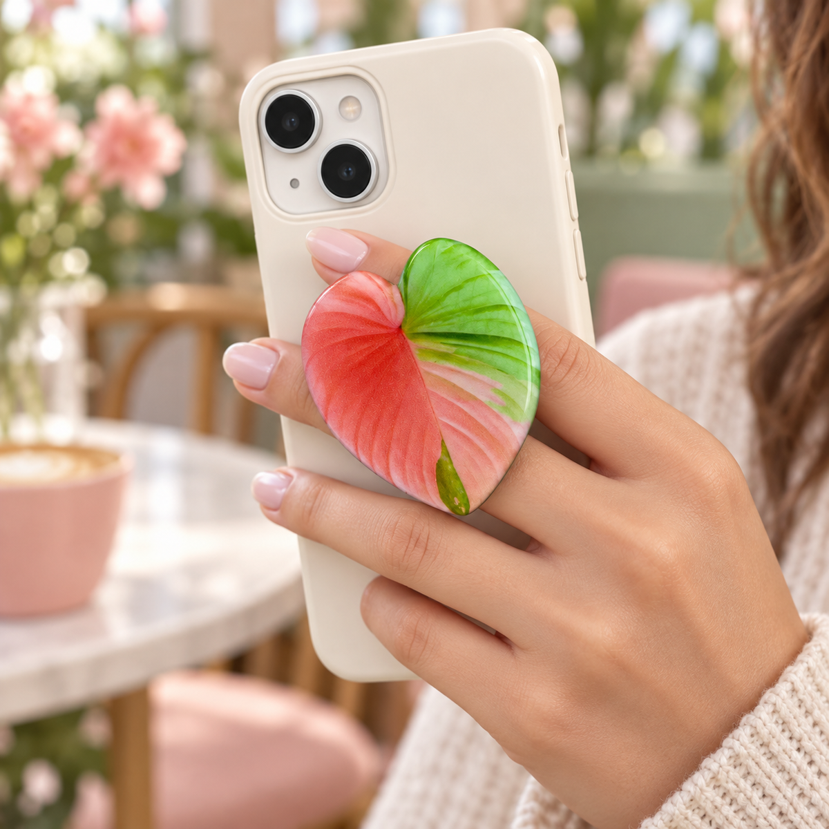 Tropical Leaf Heart Phone Grip – Colorful Botanical Phone Holder
