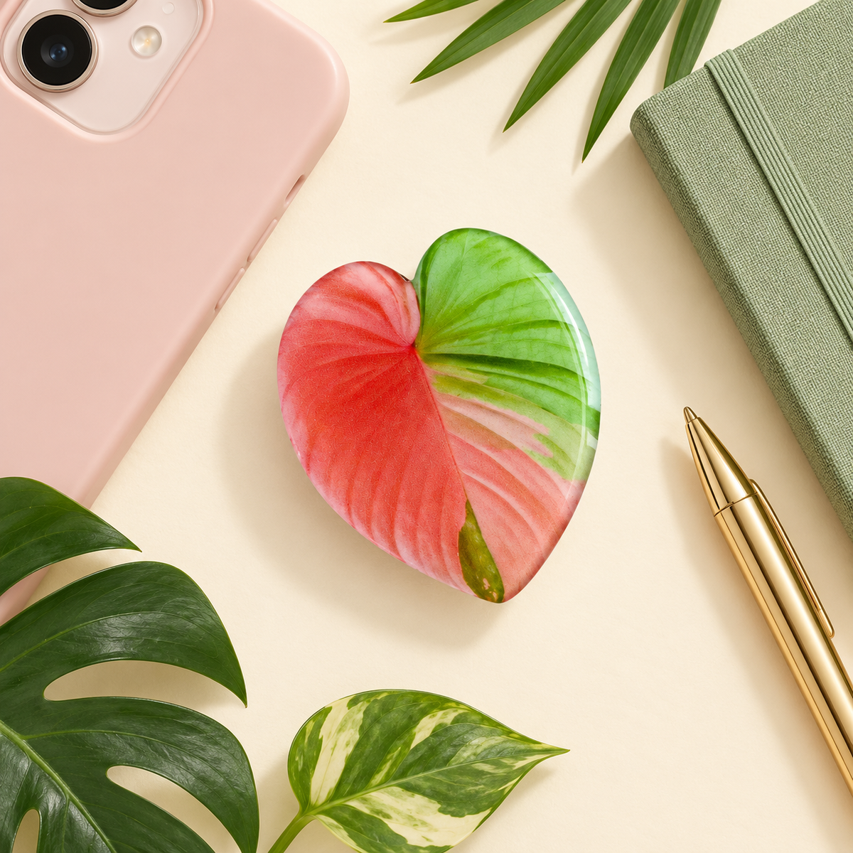 Tropical Leaf Heart Phone Grip – Colorful Botanical Phone Holder