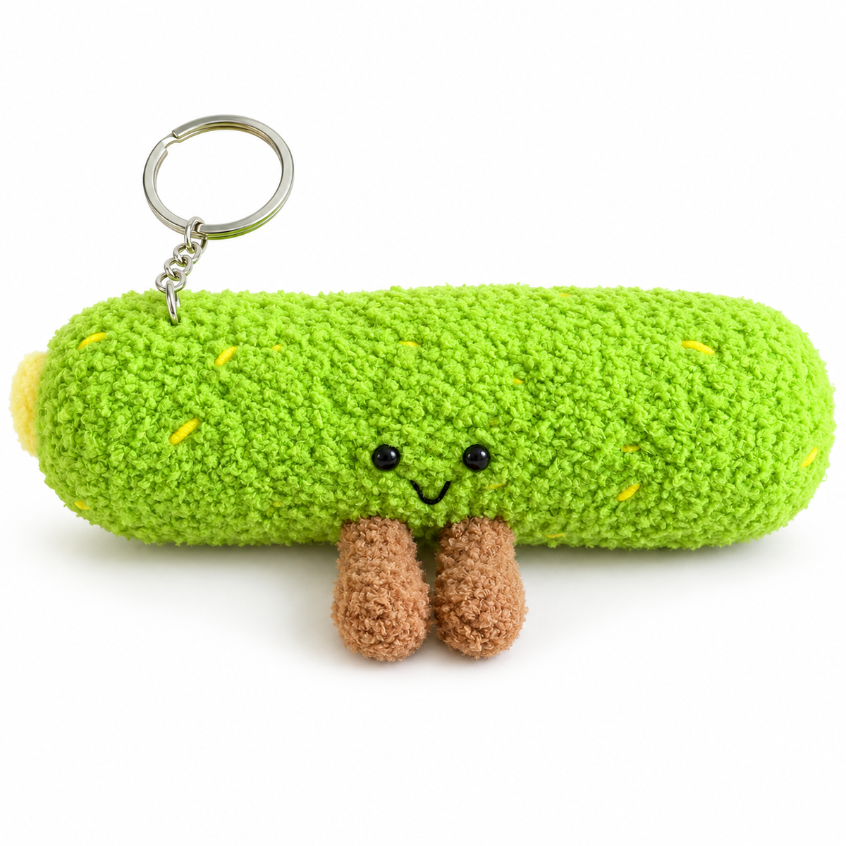 Cute Green Pickle Plush Keychain – Fuzzy Kawaii Bag Charm with Smiling Face and Dangling Legs