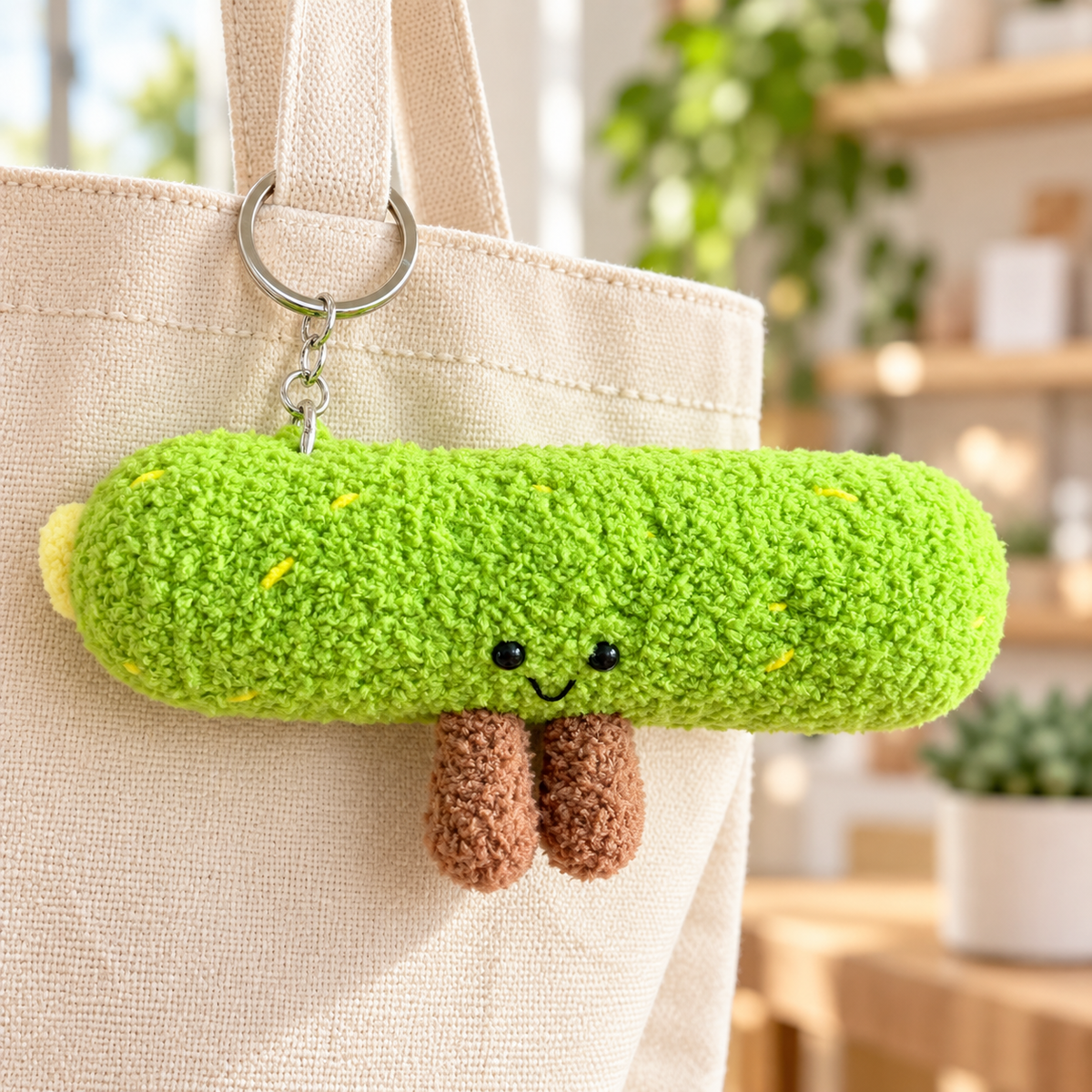 Cute Green Pickle Plush Keychain – Fuzzy Kawaii Bag Charm with Smiling Face and Dangling Legs