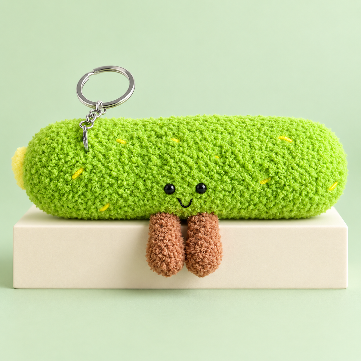 Cute Green Pickle Plush Keychain – Fuzzy Kawaii Bag Charm with Smiling Face and Dangling Legs