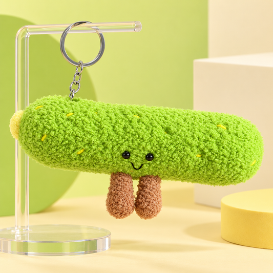 Cute Green Pickle Plush Keychain – Fuzzy Kawaii Bag Charm with Smiling Face and Dangling Legs