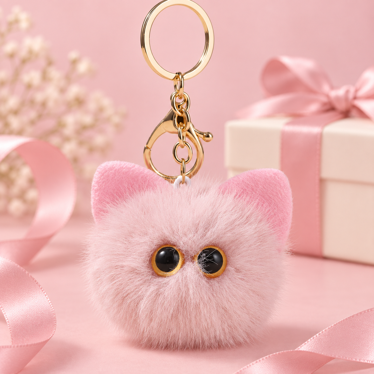 Fluffy Cat Bag Charm Keychain – Soft Fuzzy Kitty Purse and Backpack Accessory