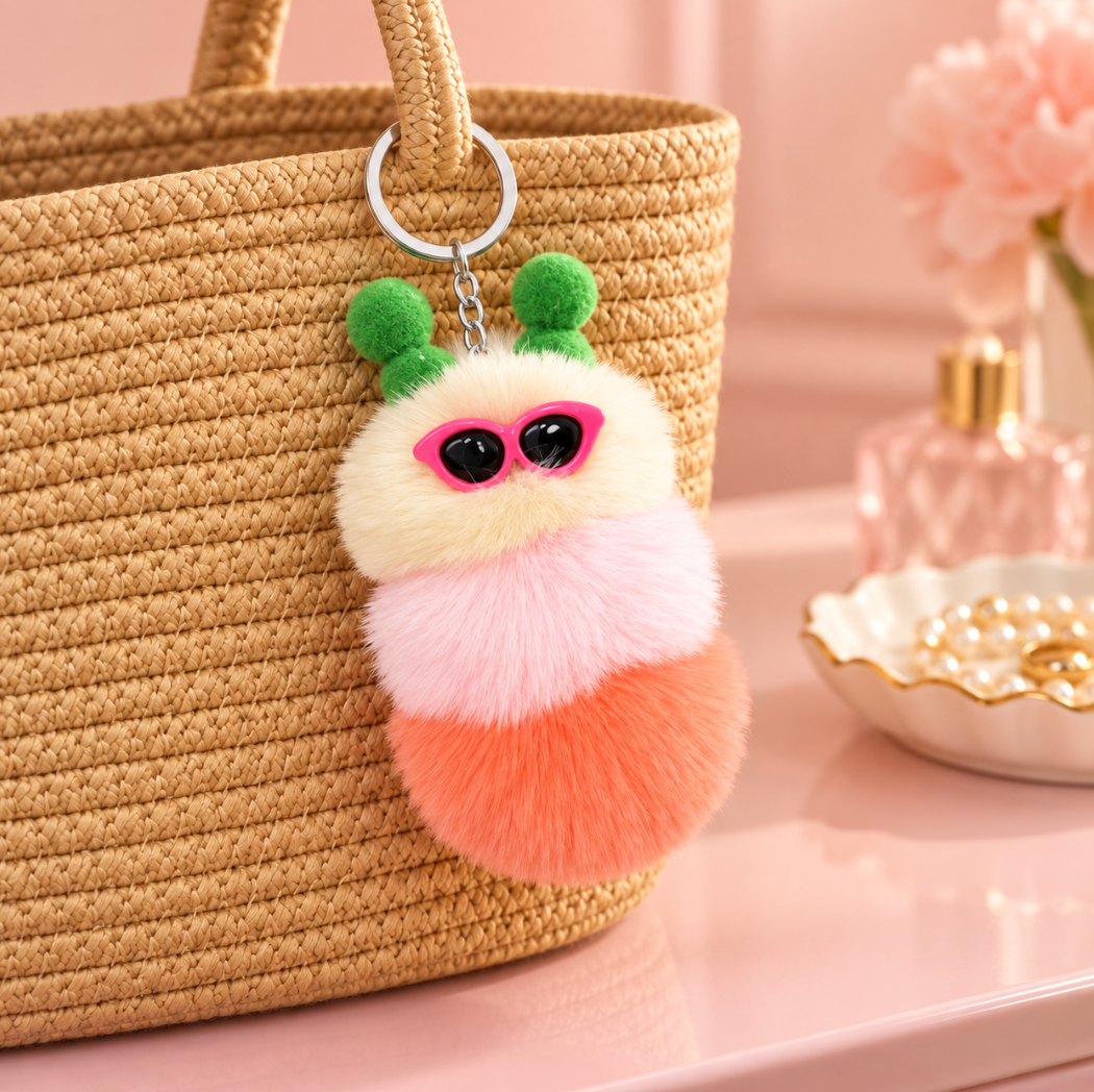 Fluffy Caterpillar Bag Charm Keychain – Colorful Fuzzy Purse and Backpack Accessory