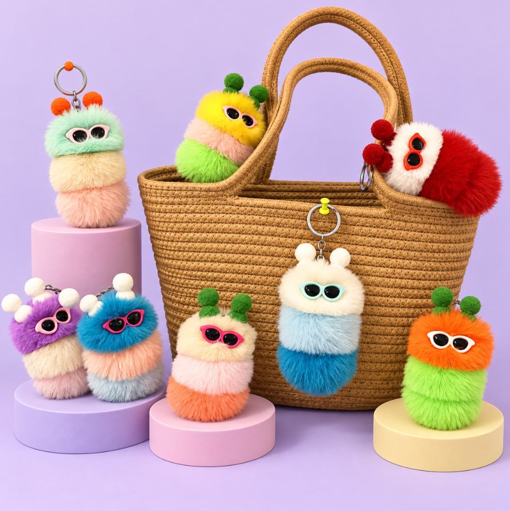 Fluffy Caterpillar Bag Charm Keychain – Colorful Fuzzy Purse and Backpack Accessory