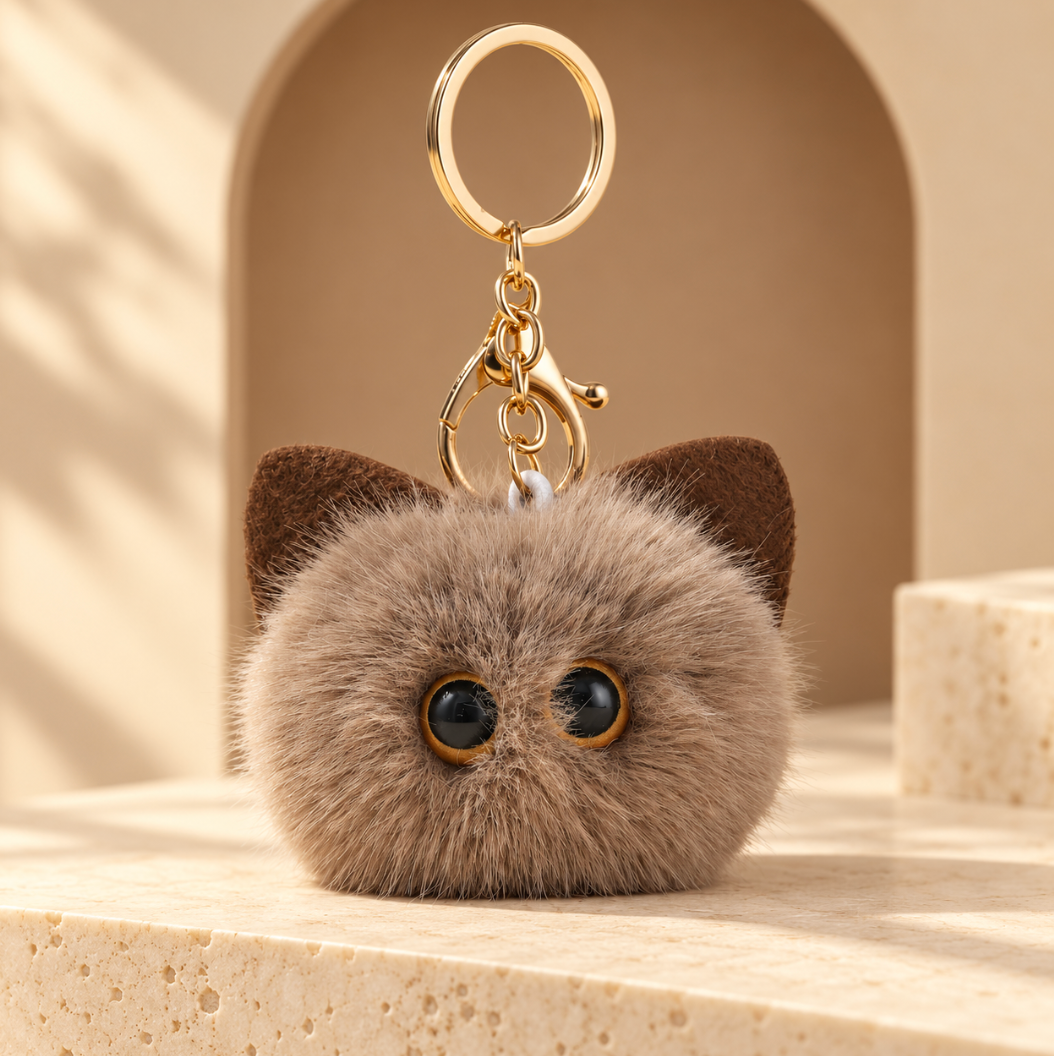 Fluffy Cat Bag Charm Keychain – Soft Fuzzy Kitty Purse and Backpack Accessory