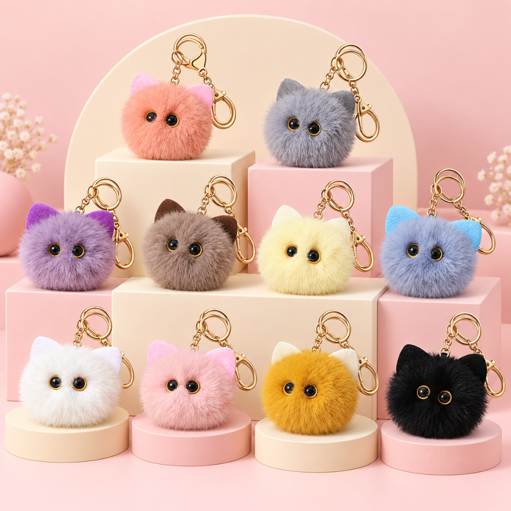 Fluffy Cat Bag Charm Keychain – Soft Fuzzy Kitty Purse and Backpack Accessory