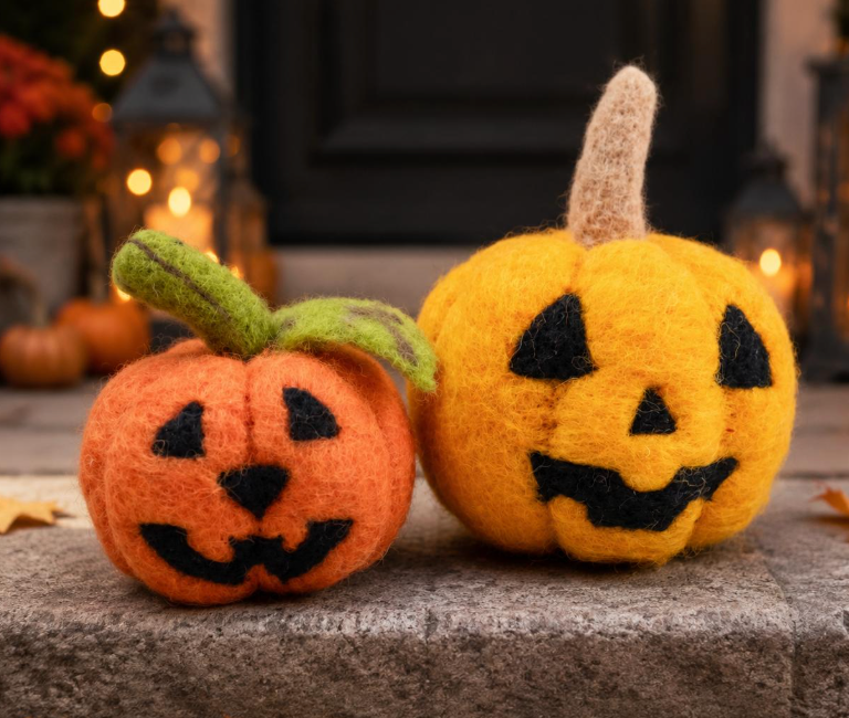 Halloween Decorations 2-Piece Soft Felt Jack-O'-Lantern Pumpkin Set - Light, Dark Orange Home Decor Statue Figurine