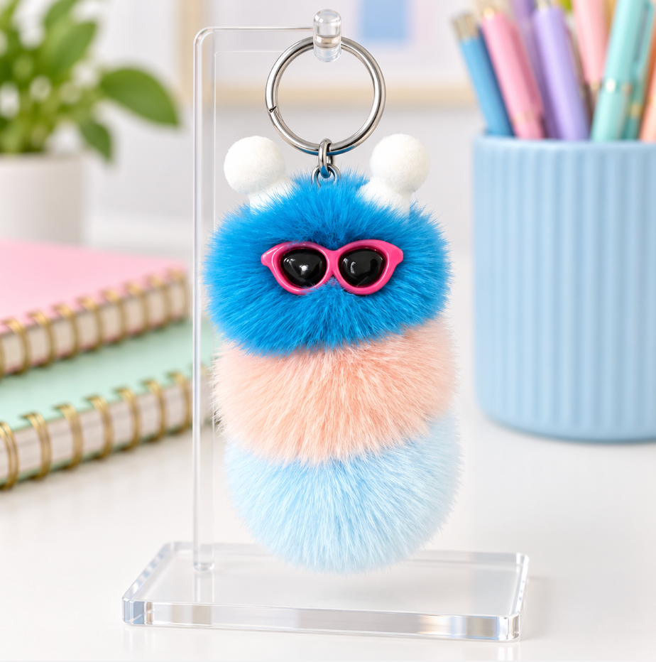 Fluffy Caterpillar Bag Charm Keychain – Colorful Fuzzy Purse and Backpack Accessory