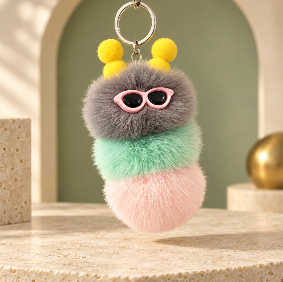 Fluffy Caterpillar Bag Charm Keychain – Colorful Fuzzy Purse and Backpack Accessory