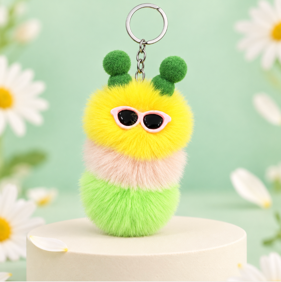 Fluffy Caterpillar Bag Charm Keychain – Colorful Fuzzy Purse and Backpack Accessory