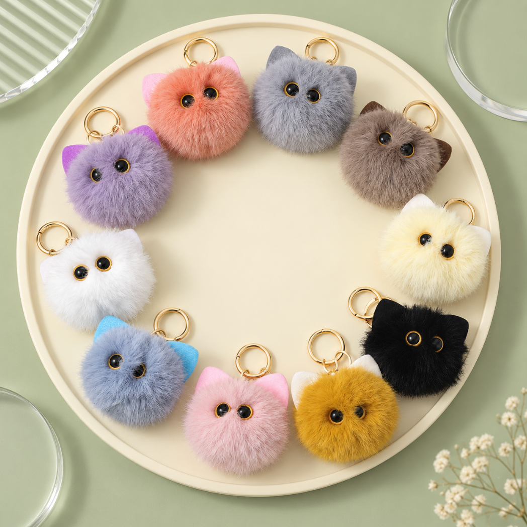 Fluffy Cat Bag Charm Keychain – Soft Fuzzy Kitty Purse and Backpack Accessory