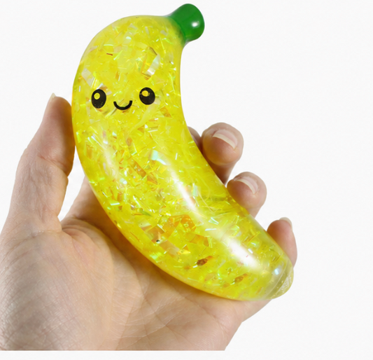Kawaii Banana Orbeez Squishy Toy - Non-Toxic, Smiling Face, Glitter Flakes, Squeezable Sensory Toy for 4+ Years Unisex Kids, Stress Relief Desk Companion, Party Favor, Fidget Toys, Kawaii Look